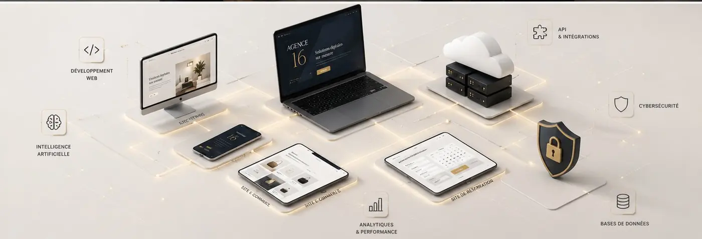 Les expertises techniques d'Agence 16 : développement web, intelligence artificielle, API, bases de données et cybersécurité.