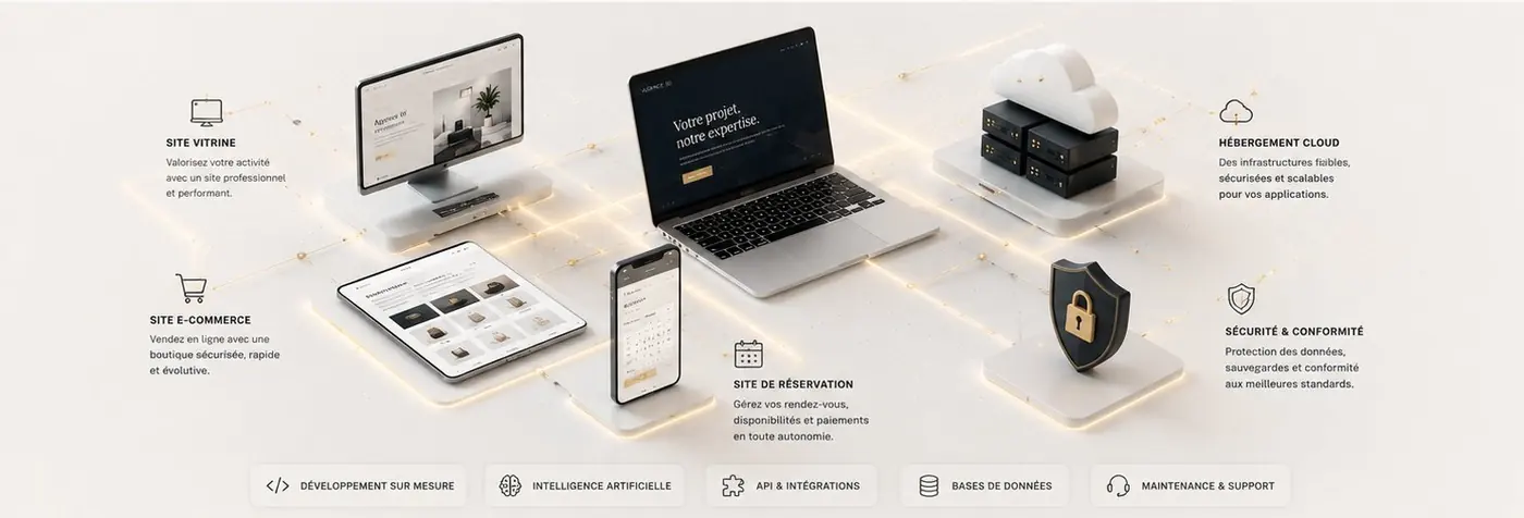 Les supports conçus par Agence 16 : site vitrine, site e-commerce, site de réservation, hébergement cloud et sécurité, reliés entre eux.
